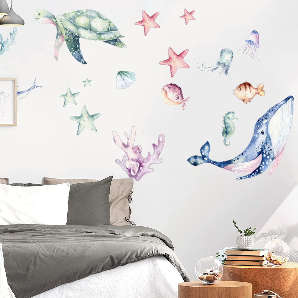 Watercolor Sea Life Ocean Wall - Home Bathroom Floor Tiles 评论和价格