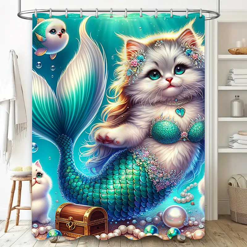 Shower Curtain Mermaid Cat Fis - Home Decor Bathroom Ideas 评论和价格