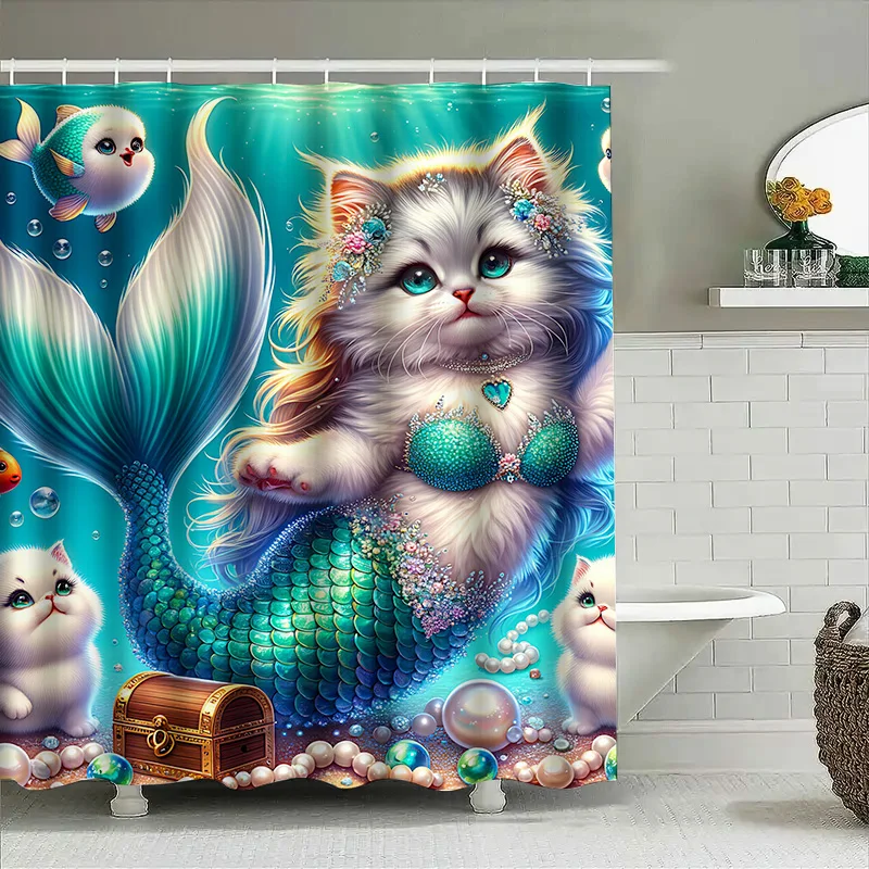 Shower Curtain Mermaid Cat Fis - Home Decor Bathroom Ideas 评论和价格